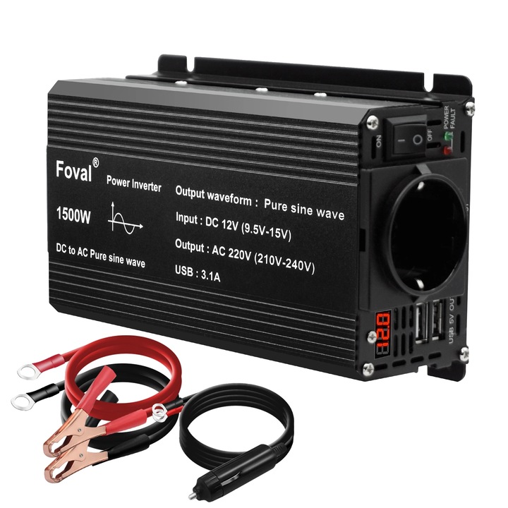 Invertor auto Foval, 12V la 220V, 1500W, USB