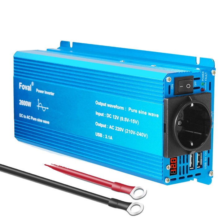 Autós inverter 12V, 2200W, 2600W EU, 2 USB port, kék