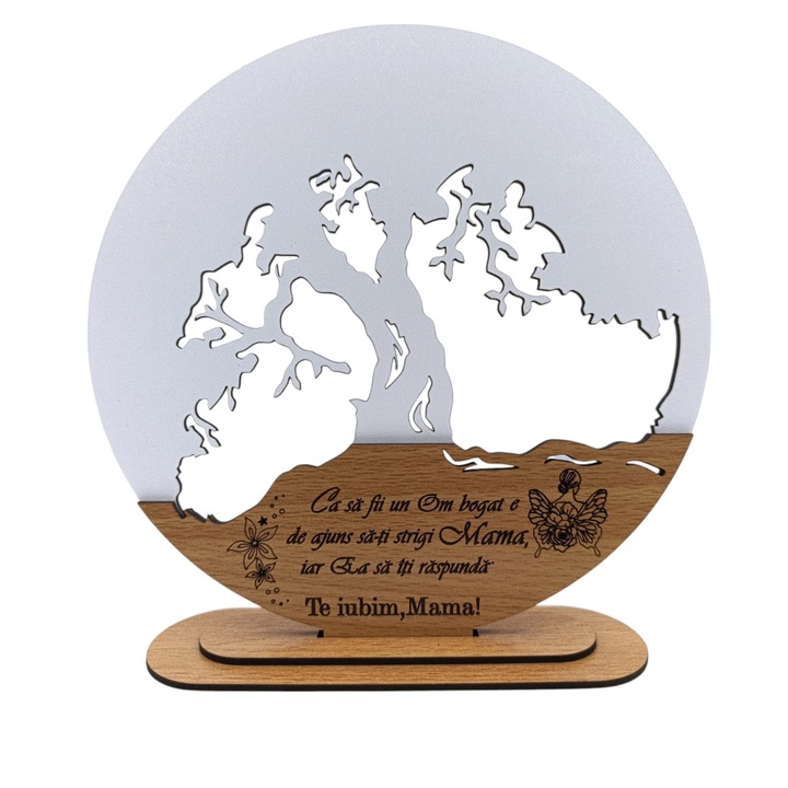 Decoratiune blank inima copacul vietii, cu mesaj personalizat pentru "Mama", model 2, baza cu suport din lemn, alb, 20cm