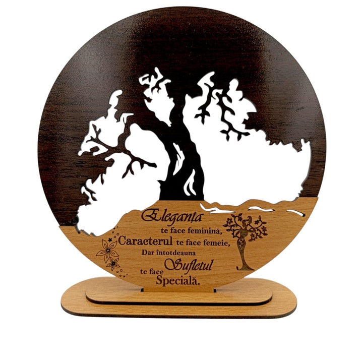 Decoratiuni blank inima copacul vietii, personalizat pentru Mama/Sotie/Prietena "Eleganta te face feminina..", baza cu suport din lemn, maro, 20cm