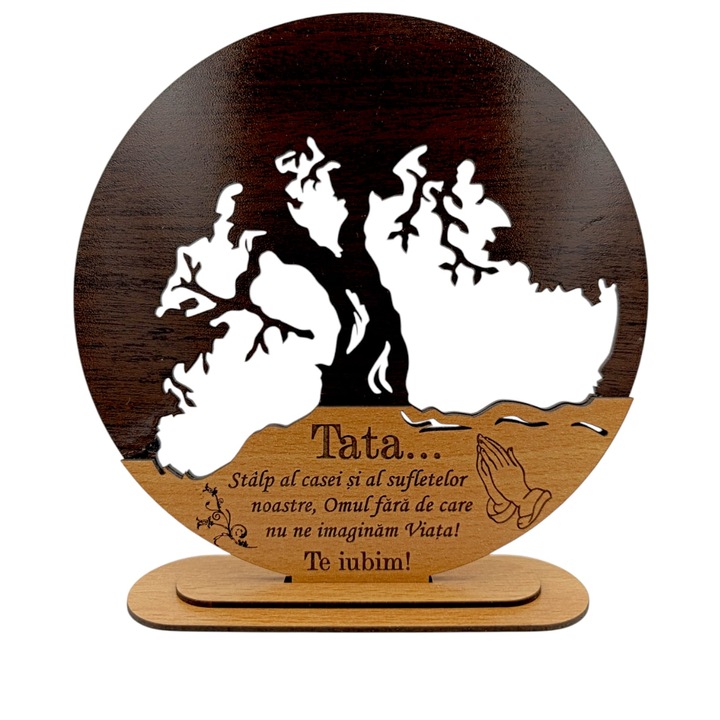 Decoratiuni blank inima copacul vietii, personalizat pentru "Tata", baza cu suport din lemn, maro, 25cm