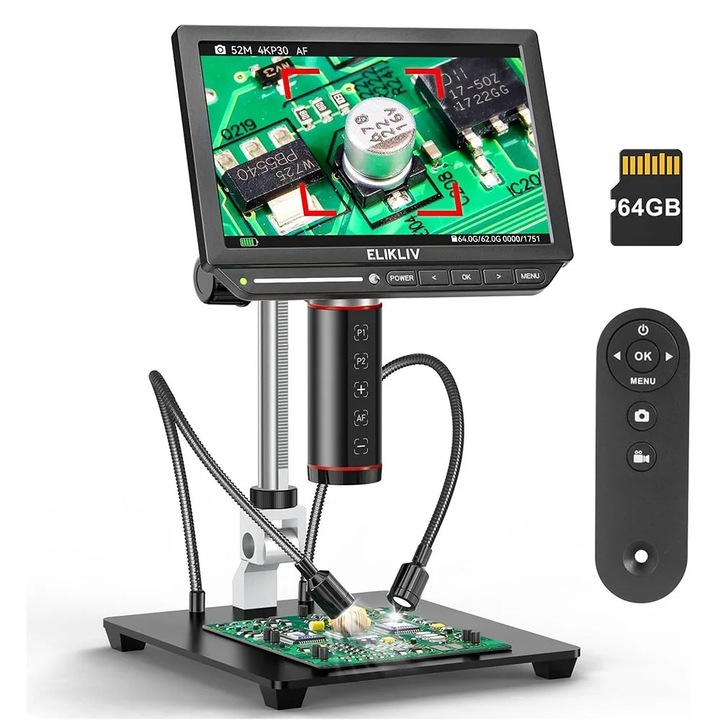 Elikliv digitális mikroszkóp, fém, 2000X, 4K UHD, 8 hüvelykes, újratölthető akkumulátorral, fekete