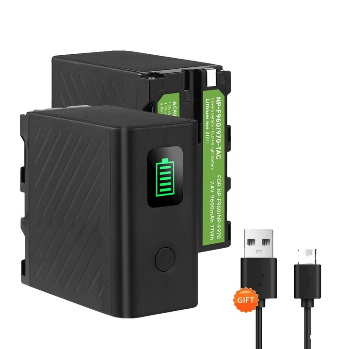 Set baterii NP-F970, 9600mAh, incarcare Type-C, 2 bucati, negru, 57x70x38mm