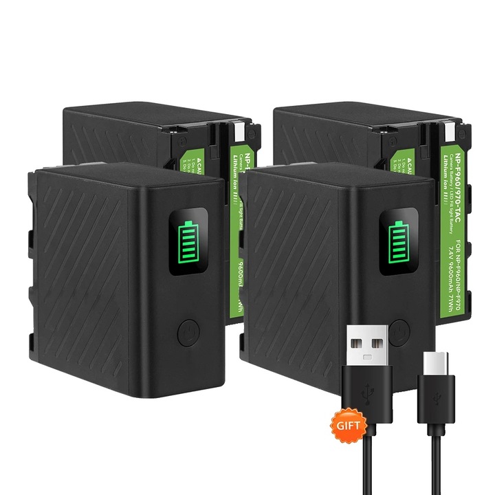 Set baterii NP-F970, 9600mAh, incarcare Type-C, 4 bucati, negru, 57x70x38mm