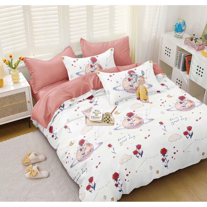 Set Lenjerie CHIRASO, pentru pat dublu, din Bumbac Satinat, 4 piese, Cearceaf de pat cu elastic 180 x 200 cm, Cearceaf pilota 200 x 230 cm, 2 fete perna 55 x 75 cm, cu imprimeu flori, alb-rosu deschis