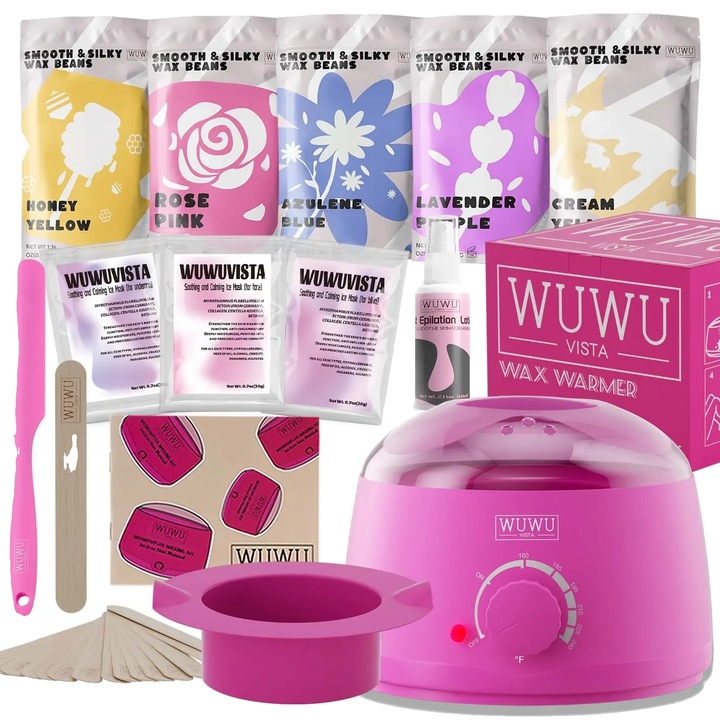 Комплект за обезкосмяване с 23 части, розов восък, аксесоари, щепсел за САЩ