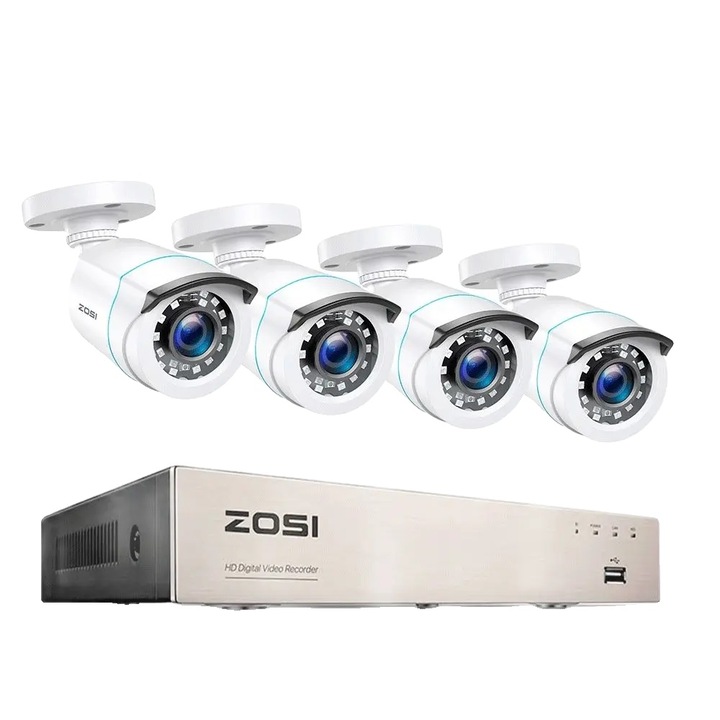 Sistem de supraveghere cu 4 camere, 8CH DVR, 1080p, rezistent la intemperii, 18m
