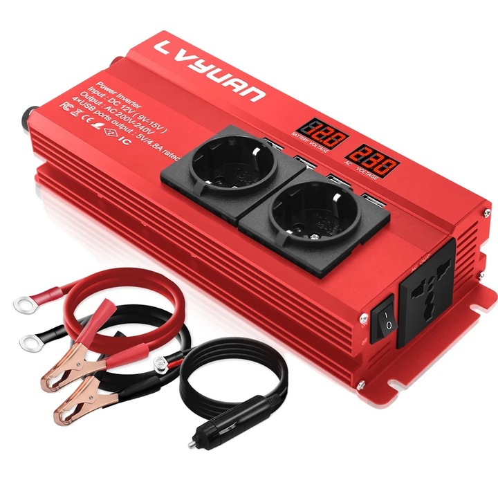 Invertor auto, 2600W putere de varf, 1300W putere continua, 12V, rosu, 290x55x100mm