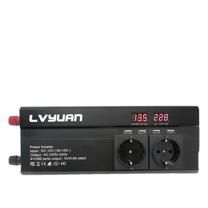 Invertor auto, 2600W, 1300W putere continua, 12V, negru