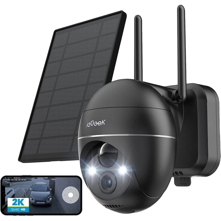 Соларна камера за външно наблюдение, iegeek, 2K HD, цветно нощно виждане, ротация на 355°, размери 16x15x9cm, черна