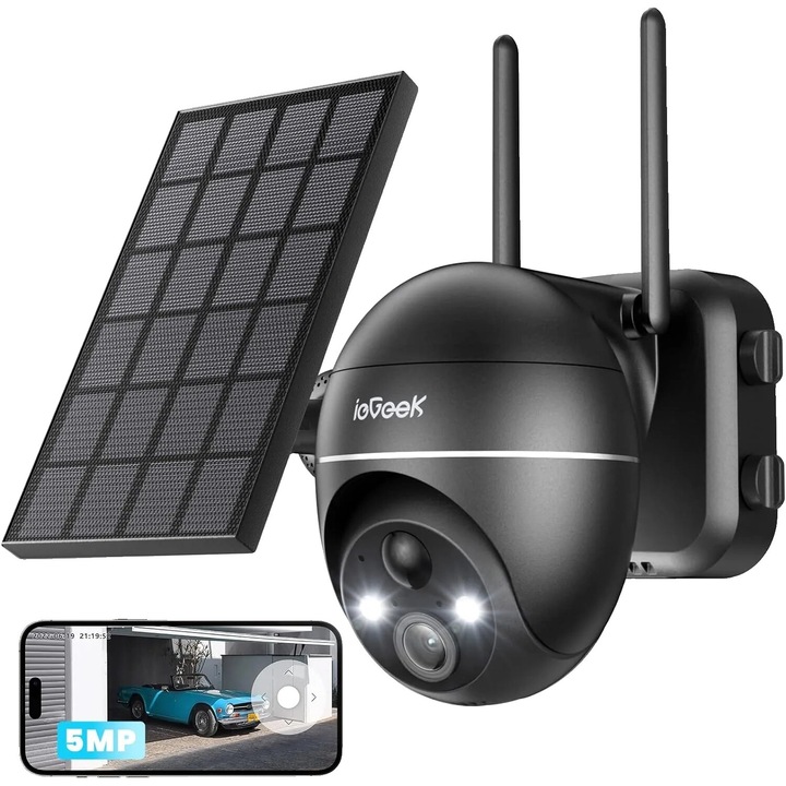 Камера за външно наблюдение, ieGeek 5MP Ultra HD, със слънчево захранване, 360° зрителен ъгъл, черна, 18x17x12.6cm