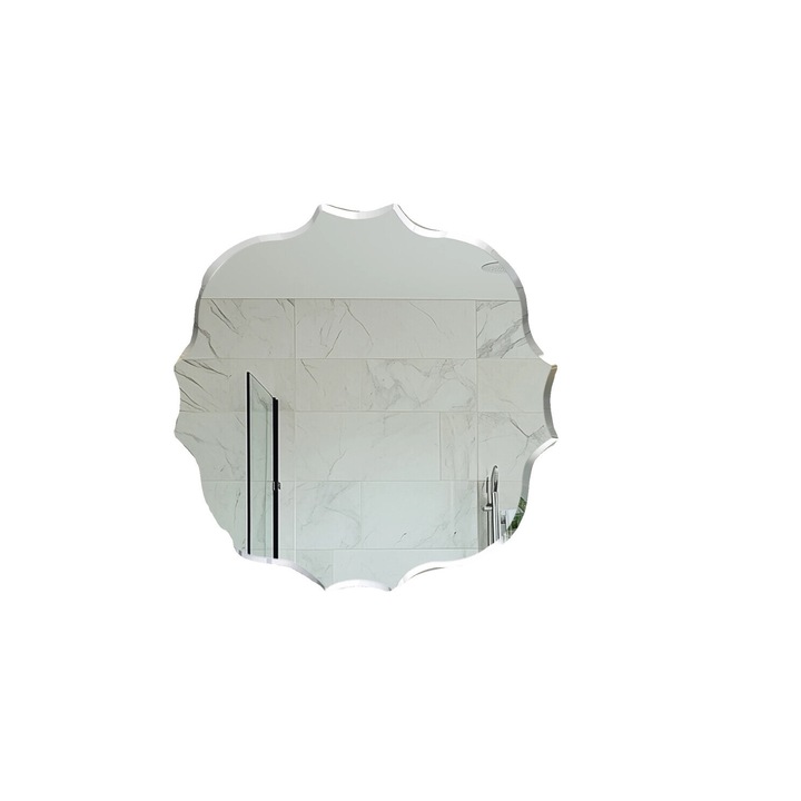 Oglinda moderna cu margine fatetata, forma neregulata, 60x60 cm, argintie, set de accesorii pentru baie