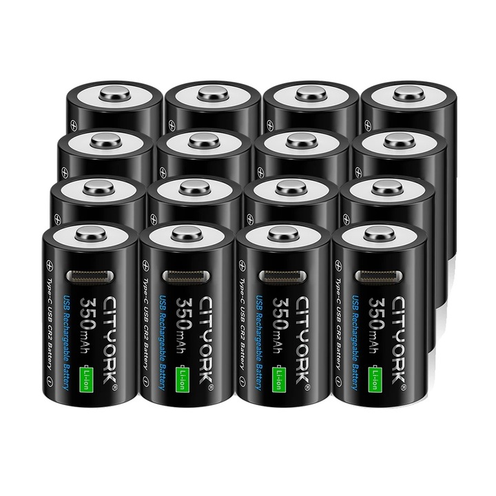 16 darabos CR2 lítium-ion akkumulátor készlet, 350mAh, Cityork, újratölthető, USB töltővel