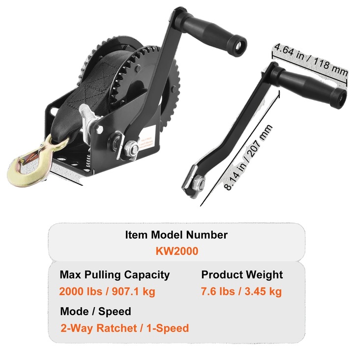 Winch manual, 2000 lbs capacitate, curea din poliester durabil, 208x105x151mm