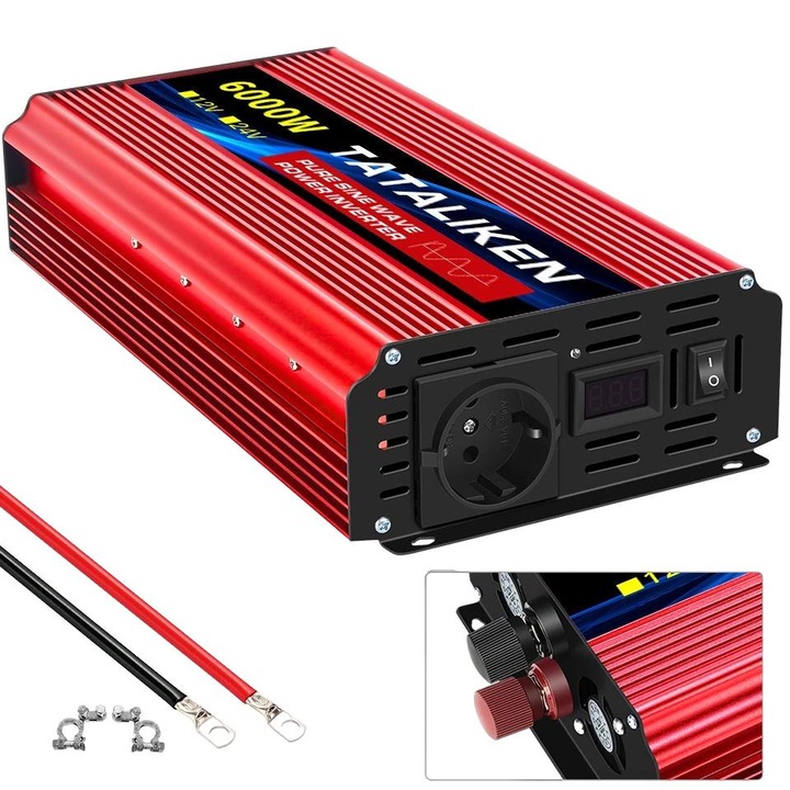 Invertor cu unda sinusoidala, 6000W, 12V DC la 220V AC, rosu