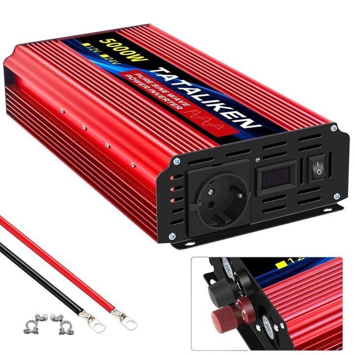Invertor, 5000W, 12V DC la 220V AC, rosu