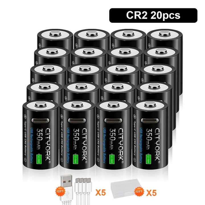 20 darabos CR2 lítium-ion akkumulátor készlet, 350mAh, Cityork, újratölthető, USB töltővel