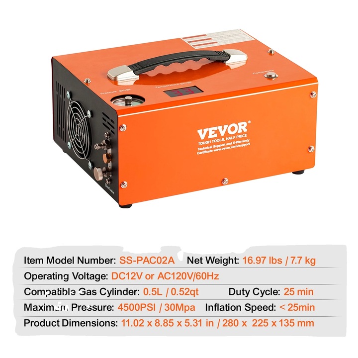Въздушен компресор, 4500PSI, бързо пълнене за 25 минути, сив, 280x225x135mm