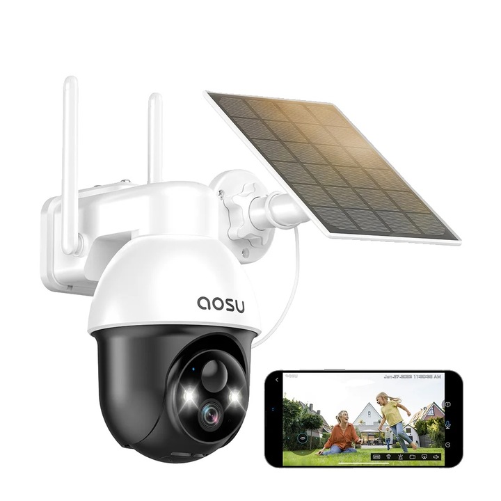 Соларна камера за наблюдение, AOSU, 3MP, 360 градуса, Двупосочно аудио, Бяла, Стенен монтаж