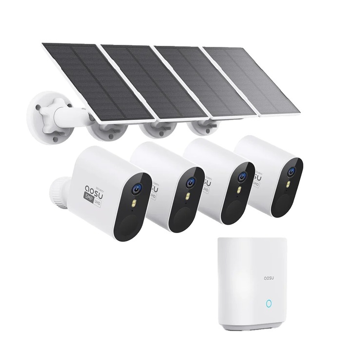 Térfigyelő kamerarendszer, Aosu, 5 MP, 166°-os széles látószögű, napelemes, 4 kamerakészlet