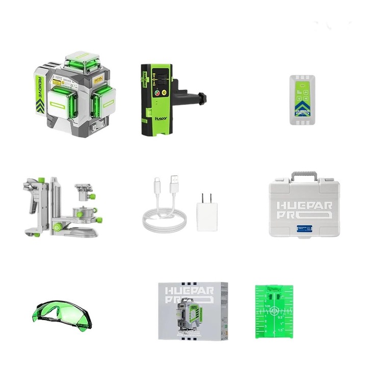 Лазерен нивелир Huepar, точност +/-2 мм, работно време 10 часа, зелен, LR-6RG, USB кабел, захранващ адаптер, магнитен държач, твърд калъф, зелени очила, лазерна мишена
