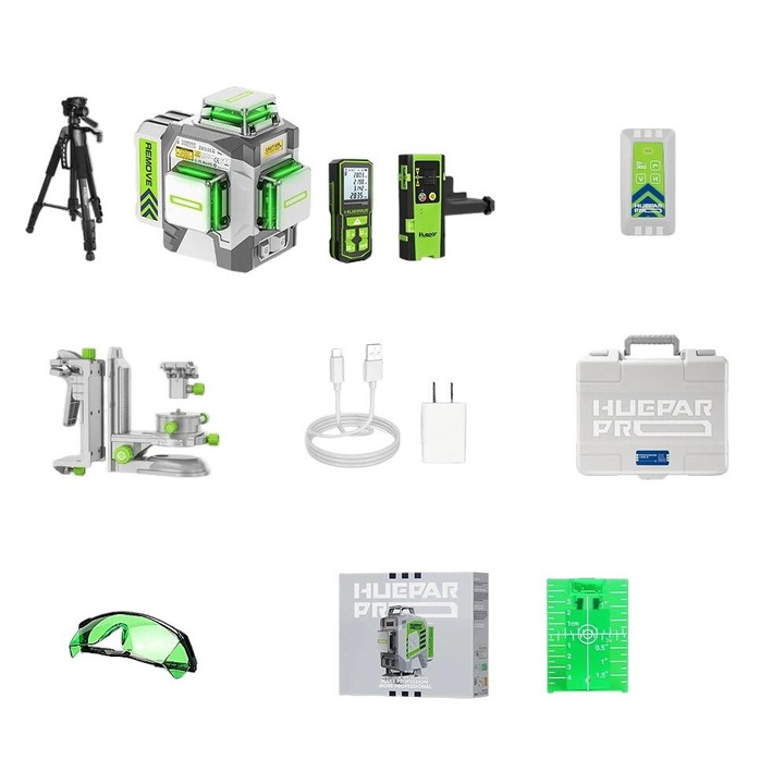Лазерен нивелир Huepar SET-7, +/-2 mm точност, 10 часа автономност, зелен, включени аксесоари