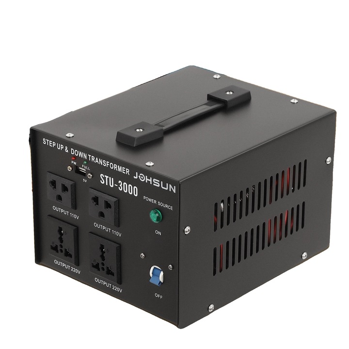 Transformator de tensiune 3000W, 5V USB, 110V/220V, constructie metalica durabila, dimensiuni 23x19.5x16.5cm
