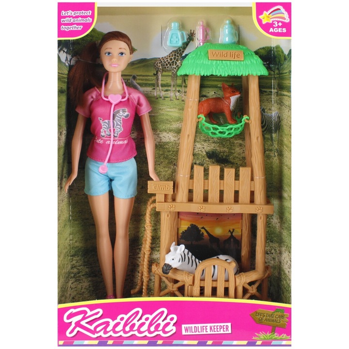 OEM Opiekun Zoo baba 29cm, Zebra és Lis figurák, kiegészítők, többszínű, 21x32x7cm