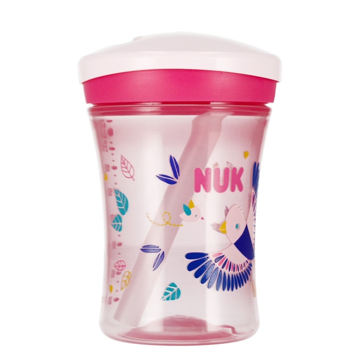 Cupa de baut, NUK, 230ml, roz, cu pai, pentru copii 12 luni+