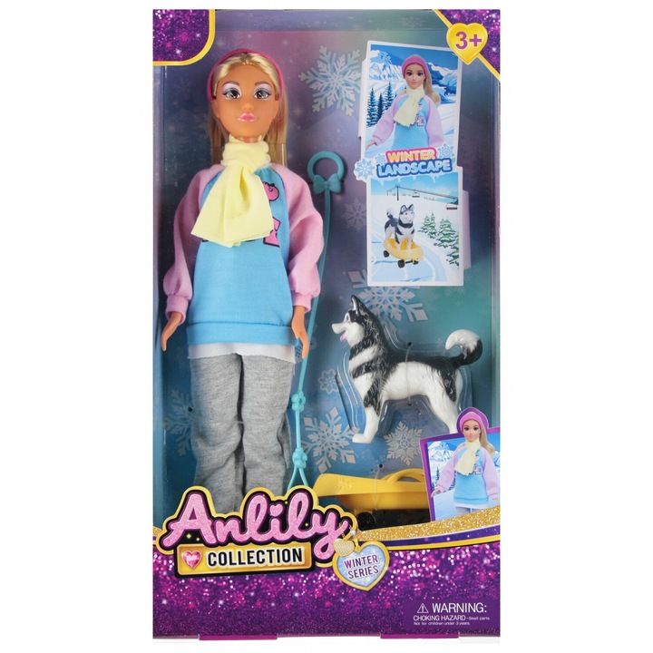 Baba kiegészítőkkel, 29cm, szőke, 1x Husky kutyafigura, 1x kutyakocsi