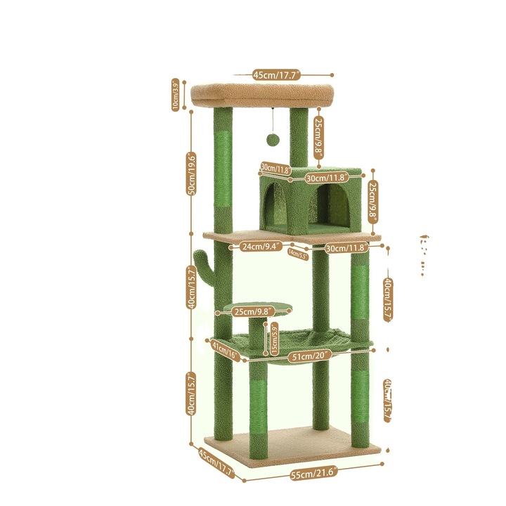Macskafekhely, tágas kialakítású, 6 szinttel, függőággyal és kiságyakkal, 2-3 macskának, 56,3x56,3x143cm, zöld