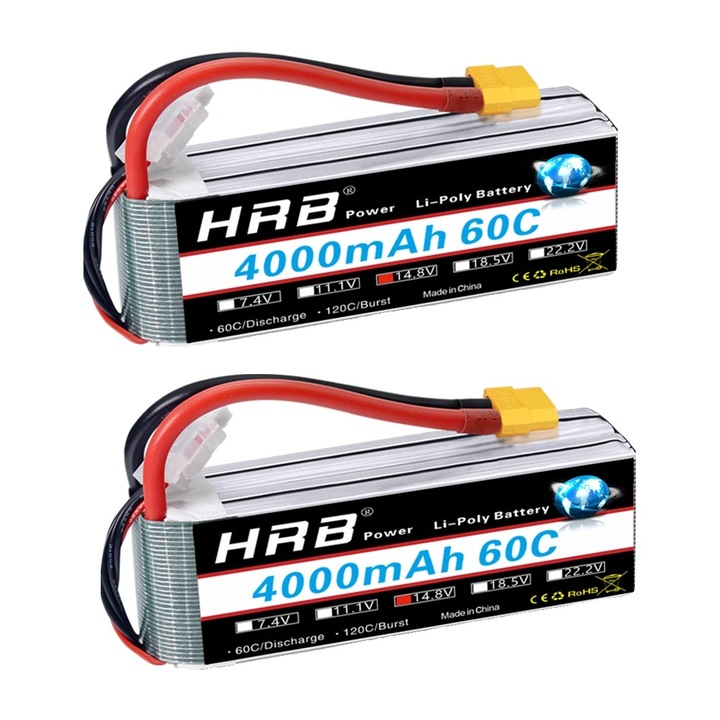 Baterie LiPo 14.8V 4000mAh 4S XT60, set 2 bucati, dimensiuni 135x42x30mm