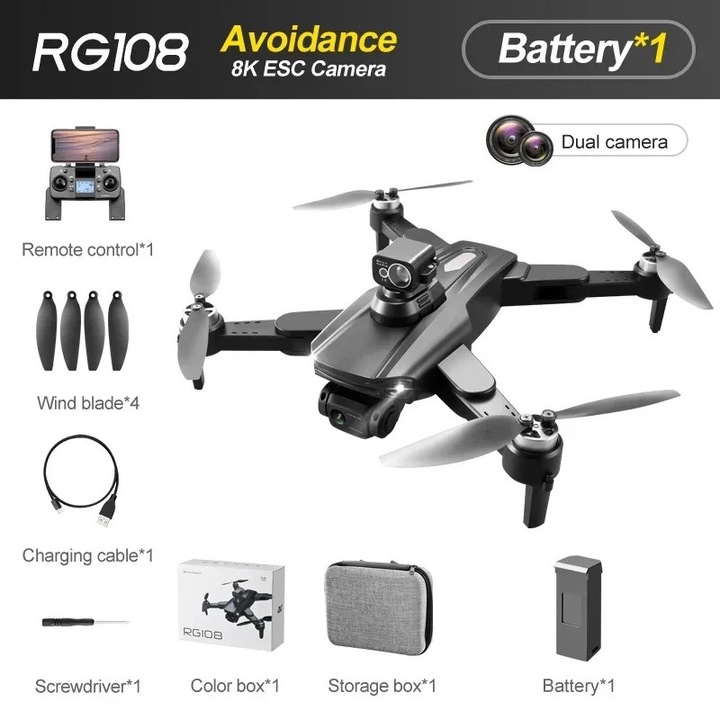 Дрон RG108, 8K камера, GPS навигация, RG108-Avoid-Black 1B