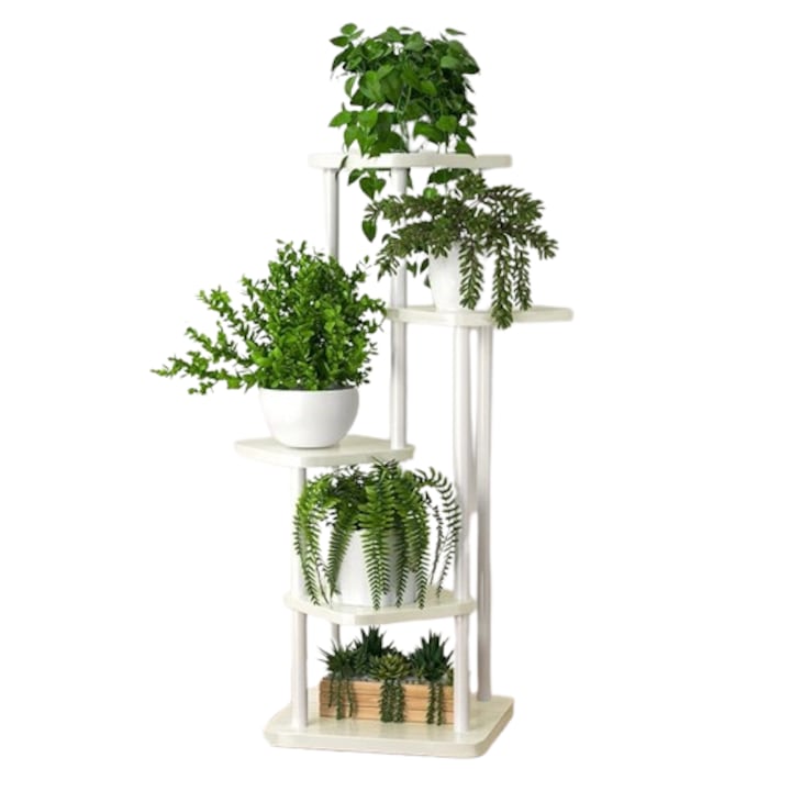Suport pentru ghivece flori, Design modern, Lemn, 5 straturi, 30x106cm, Alb