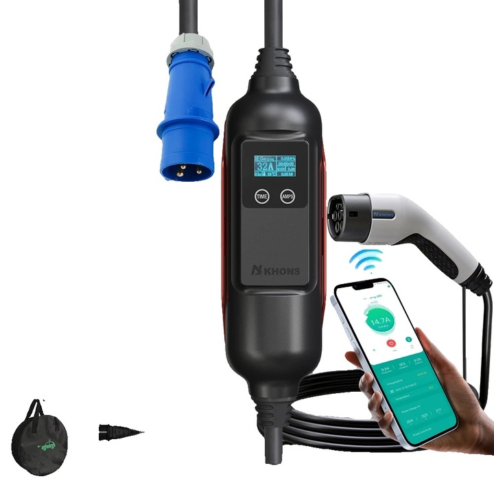 Incarcator portabil pentru vehicule electrice, 7kW, curent ajustabil 6A-32A, adaptor 16A, conectare Type 2, cablu 5m