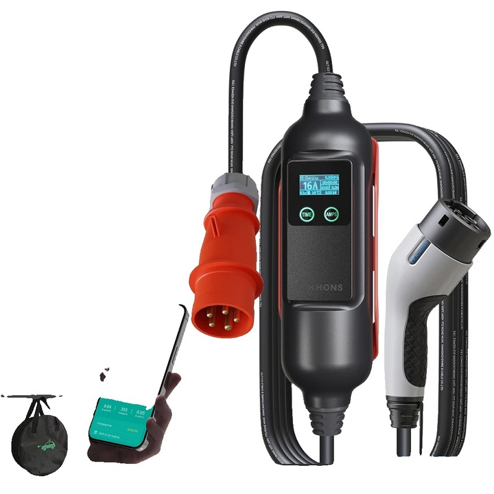 Incarcator portabil pentru vehicule electrice, 11KW, curent ajustabil 6A-16A, adaptor 11KW si 16A, conector TYPE2, husa pentru smartphone