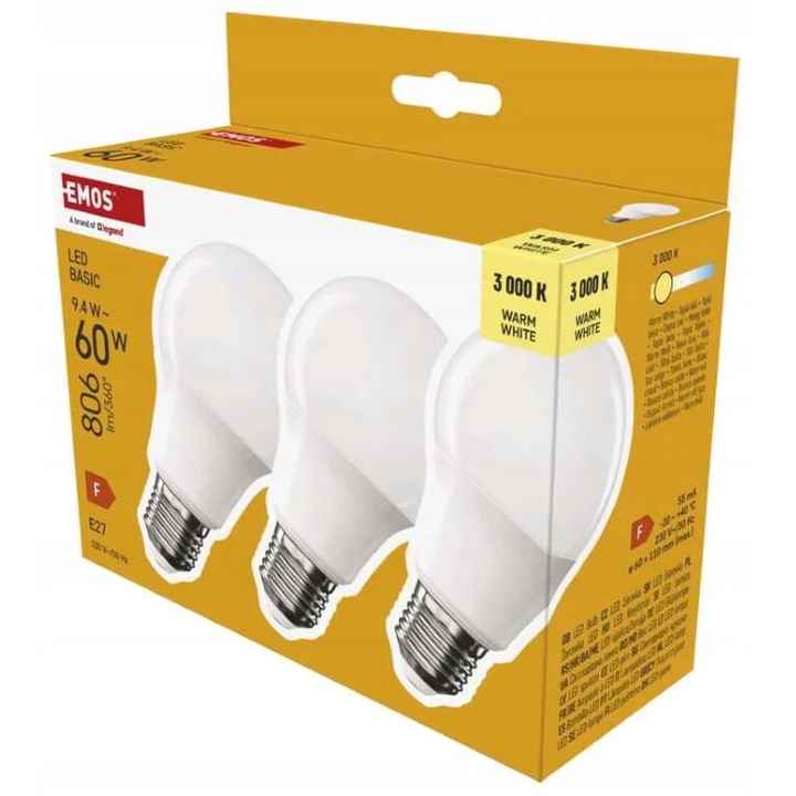 3 darabos LED izzó készlet E27, 9,4 W, 806 lm, meleg fehér, 20 000 óra