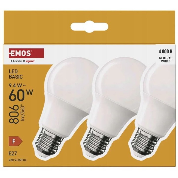 3 darabos LED izzó készlet E27, Emos, 9,4 W, semleges, 806 lm, 60 mm x 110 mm