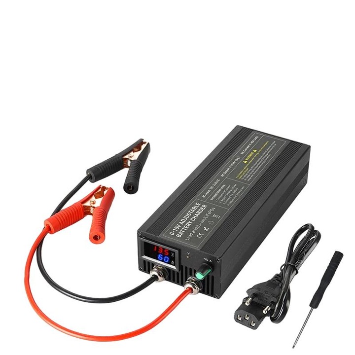 Autós egyenirányító, 60A klipekkel, állítható feszültség 0-15V, állítható áram 0-60A, okos kijelző