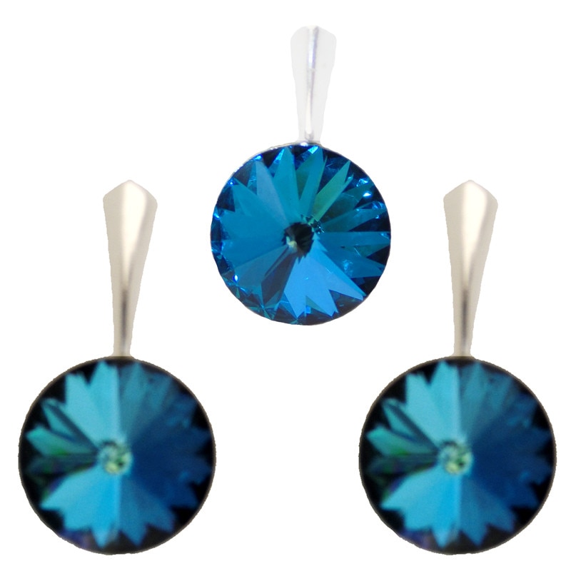 Set cercei si medalion din argint cu cristale Bermuda Blue Foiled rivoli 12