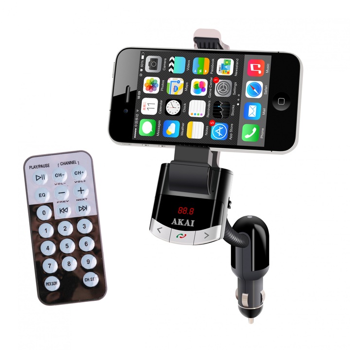 Modulator FM AKAI FMT-8118BT cu suport telefon, Bluetooth, functie incarcare telefon si handsfree, telecomanda