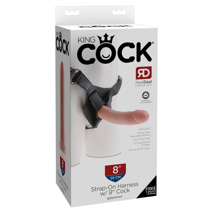Strap on cu Dildo King Cock, 20.3cm, set cu 3 inele de diferite dimensiuni