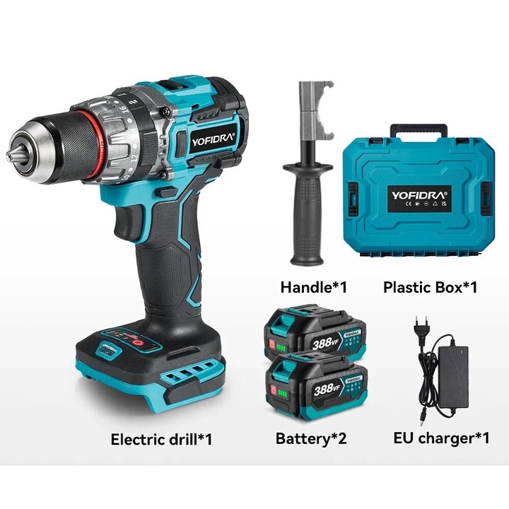 Masina de gaurit si insurubat electrica, Yofidra, 1800rpm, 2 acumulatori, design fara fir