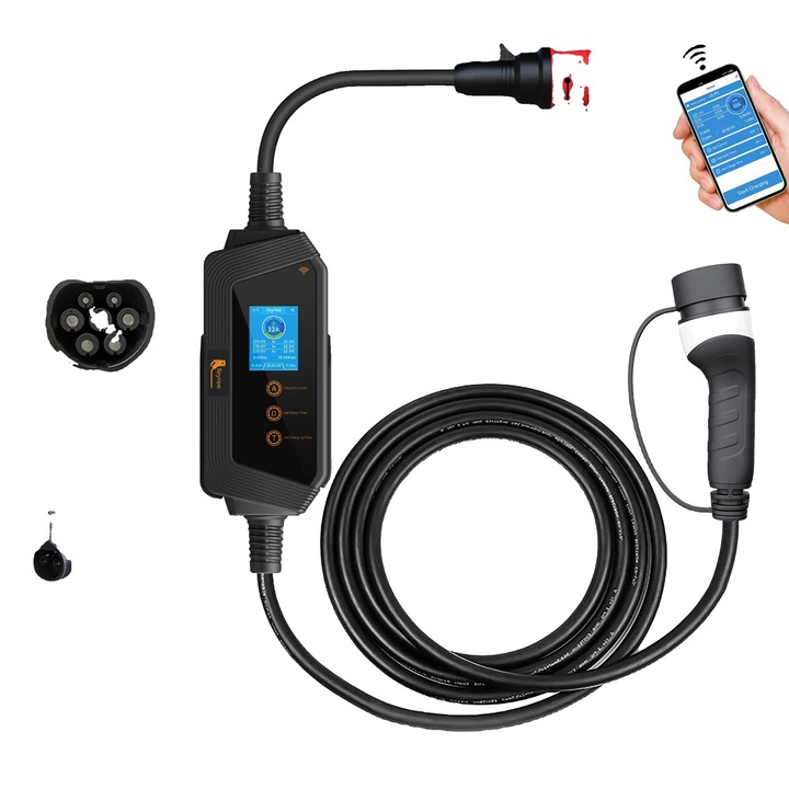 Incarcator portabil pentru vehicule electrice, 22KW, curent ajustabil 8A-32A, IP66, cablu 5m