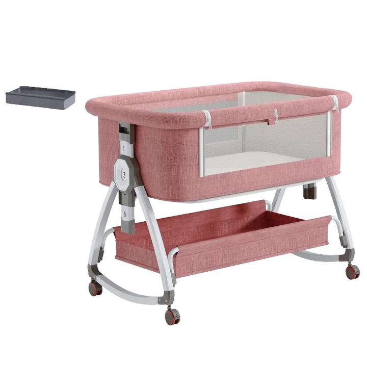 Patut bebe, design 3-in-1, saltea groasa, plasa anti-insecte, roz, cu roti