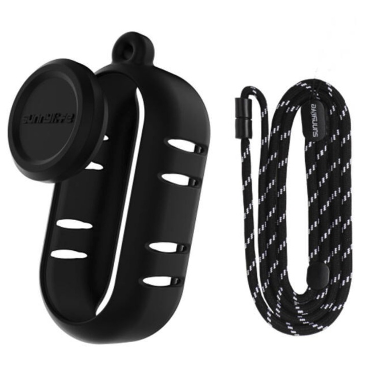 Sunnylife nyakpántos tok Insta360 GO3/GOS fényképezőgéphez, fekete, 71x53x24mm, objektívvédővel és 55,5 cm-es nyakpánttal
