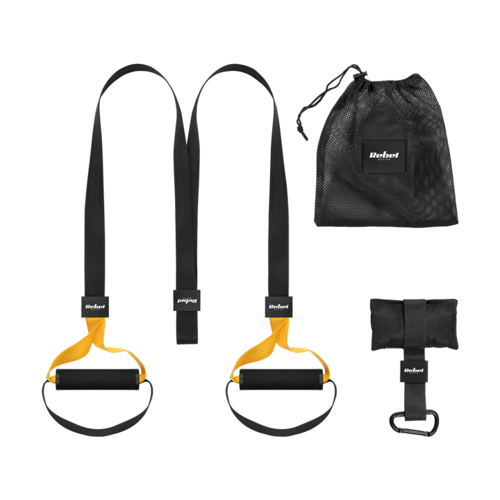 Fitness kiegészítő készlet, Tasmy TRX P3-1, 2x150cm, 500kg, fekete/sárga