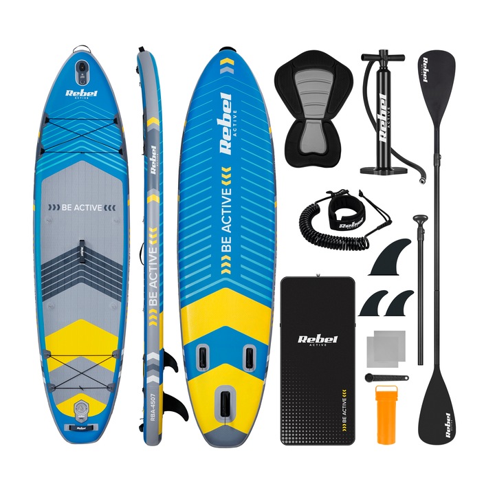 SUP deszka REBEL ACTIVE RBA-4507, 335x84x15cm, kék/sárga, 10kg, komplett készlet 3x stabilizátorral, lapáttal, pumpával, hátizsákkal, kajaküléssel