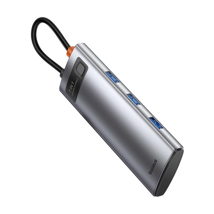 Gleam 7in1 Hub, Baseus, USB-C към 1x HDMI, 4K/60Hz, 3x USB3.0, 1x PD, 1x SD/TF, сив