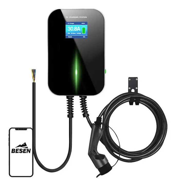 Incarcator de perete pentru vehicule electrice Besen BS20 11kW APP, Protectie IP66, Dimensiuni 295x195x65mm, Negru